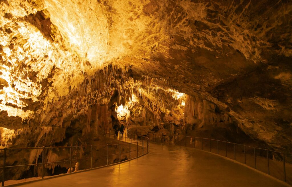Explore the stunning formations of Postojna Cave in Slovenia, showcasing dramatic stalactites and lighting.